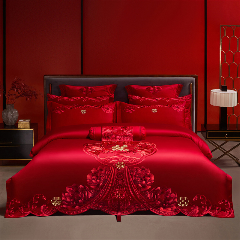 （控价）2025新款全棉新中式刺绣款婚庆多件套 绮梦花境-红