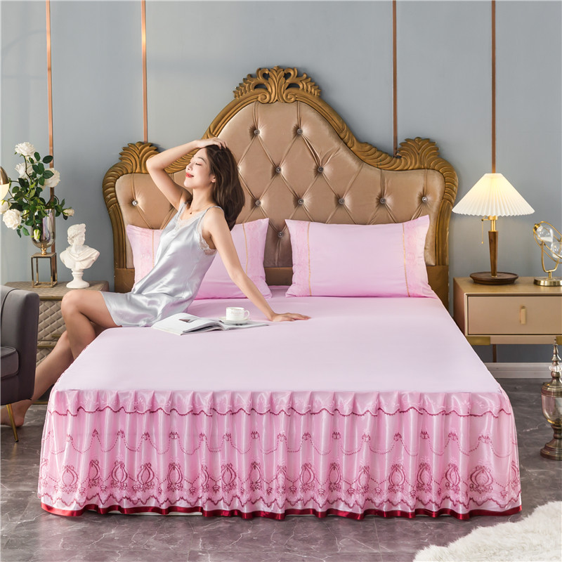 2020四季款磨毛蕾丝床裙床罩款套件 1.2米+枕套 欧式经典-粉色