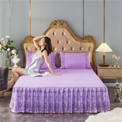 2020四季款磨毛蕾丝床裙床罩款套件 1.2米+枕套 时尚人生-紫色