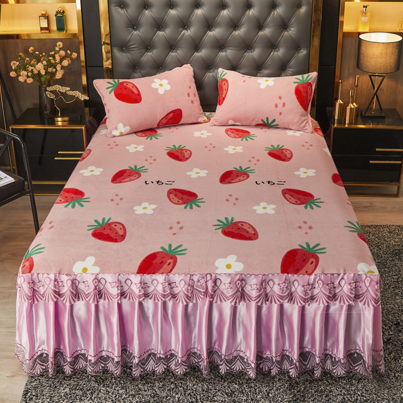 2021新款保暖牛奶绒蕾丝床裙三件套 1.2m床裙款二件套 草莓甜心