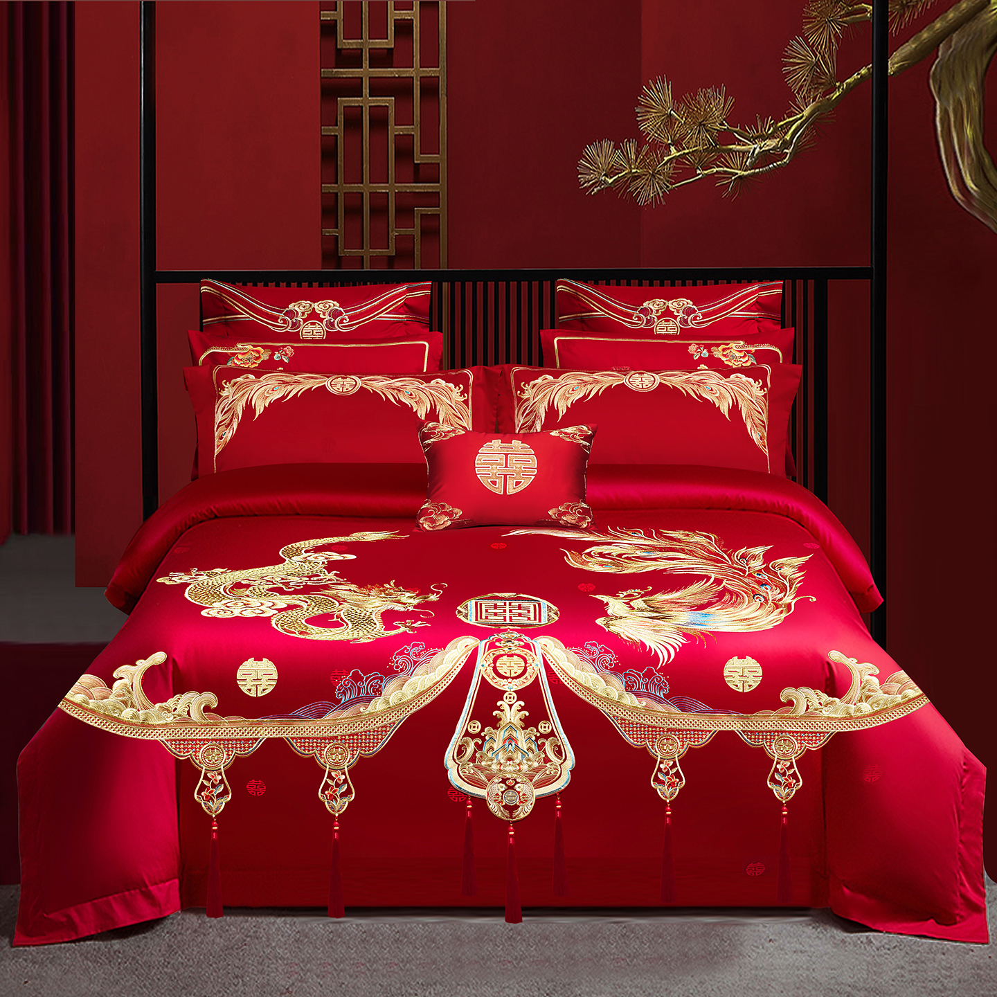 2025新款100s长绒棉贡缎提花重工艺刺绣婚庆四件套多件套 龙姿凤采