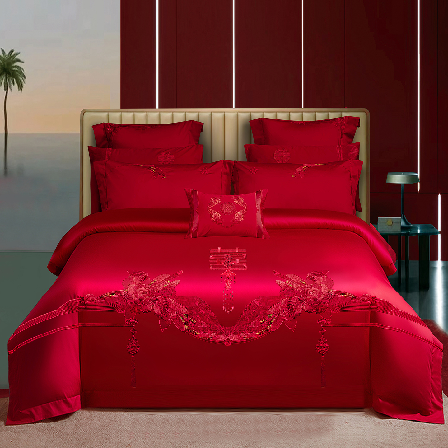 2025新款100s贡缎长绒棉提花婚庆系列四件套多件套 朵朵爱恋红