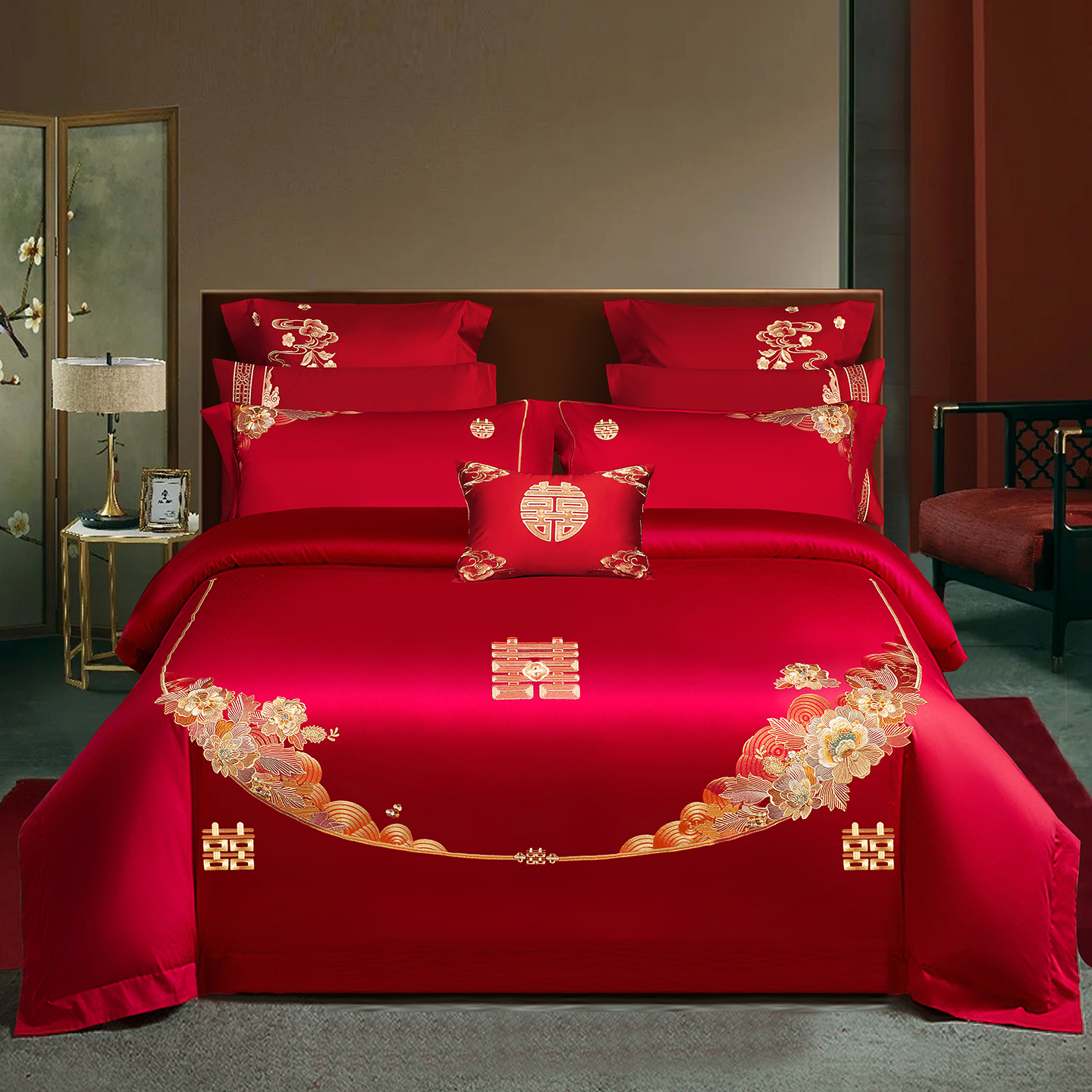2026新款长绒棉贡缎全工艺刺绣婚庆四件套多件套 情意绵绵
