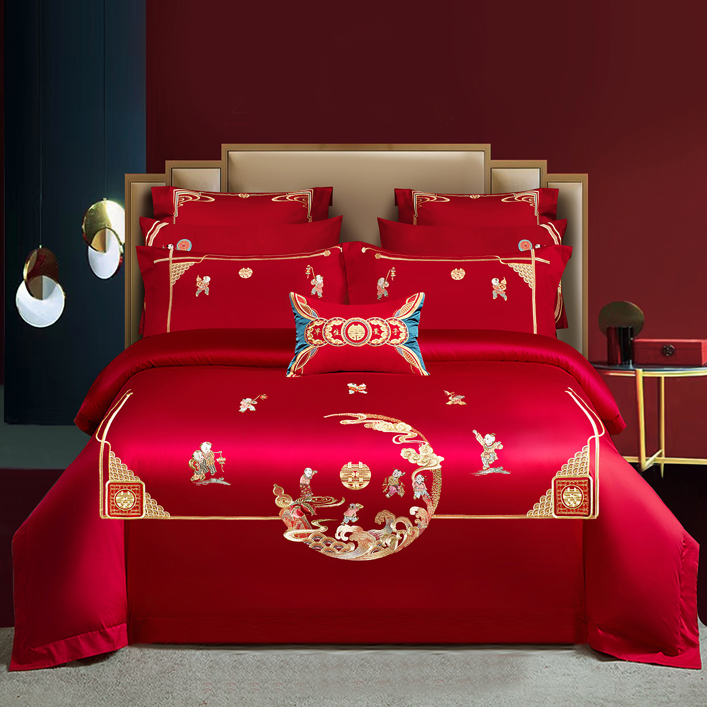 2025新款100s贡缎长绒棉提花婚庆系列四件套多件套 百子旺福