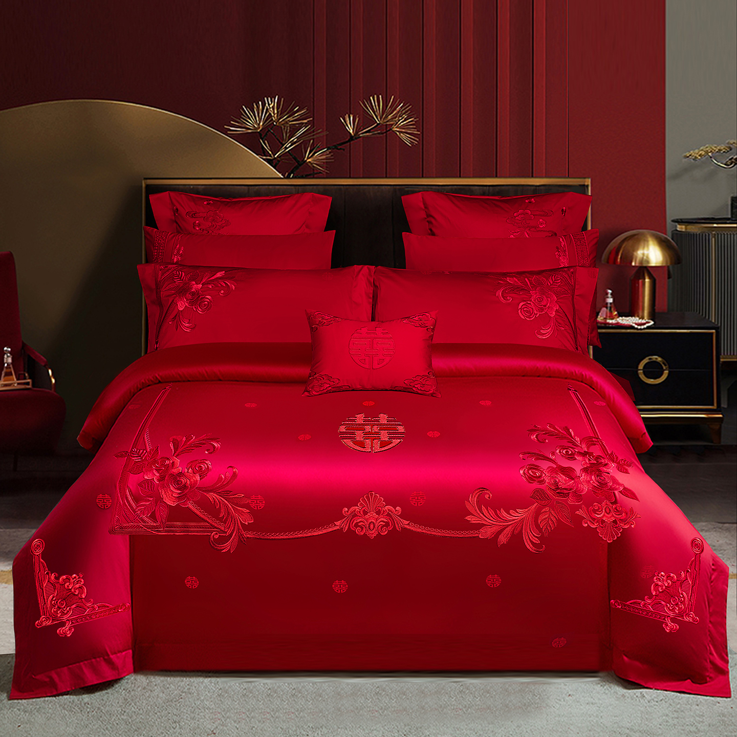 2025新款100s贡缎长绒棉提花婚庆系列四件套多件套 爱的盛宴-红