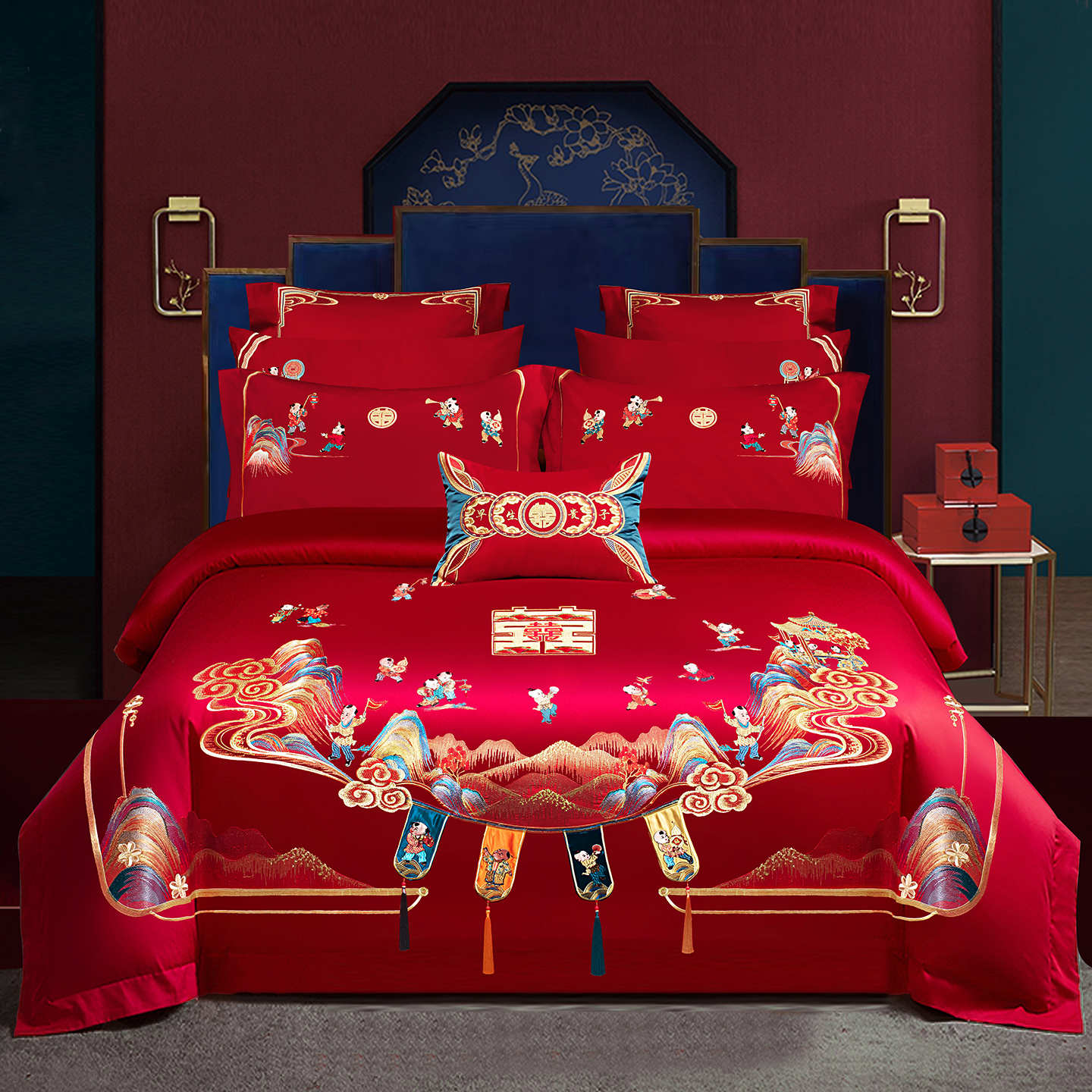 2025新款100s长绒棉贡缎提花重工艺刺绣婚庆四件套多件套 百子纳福