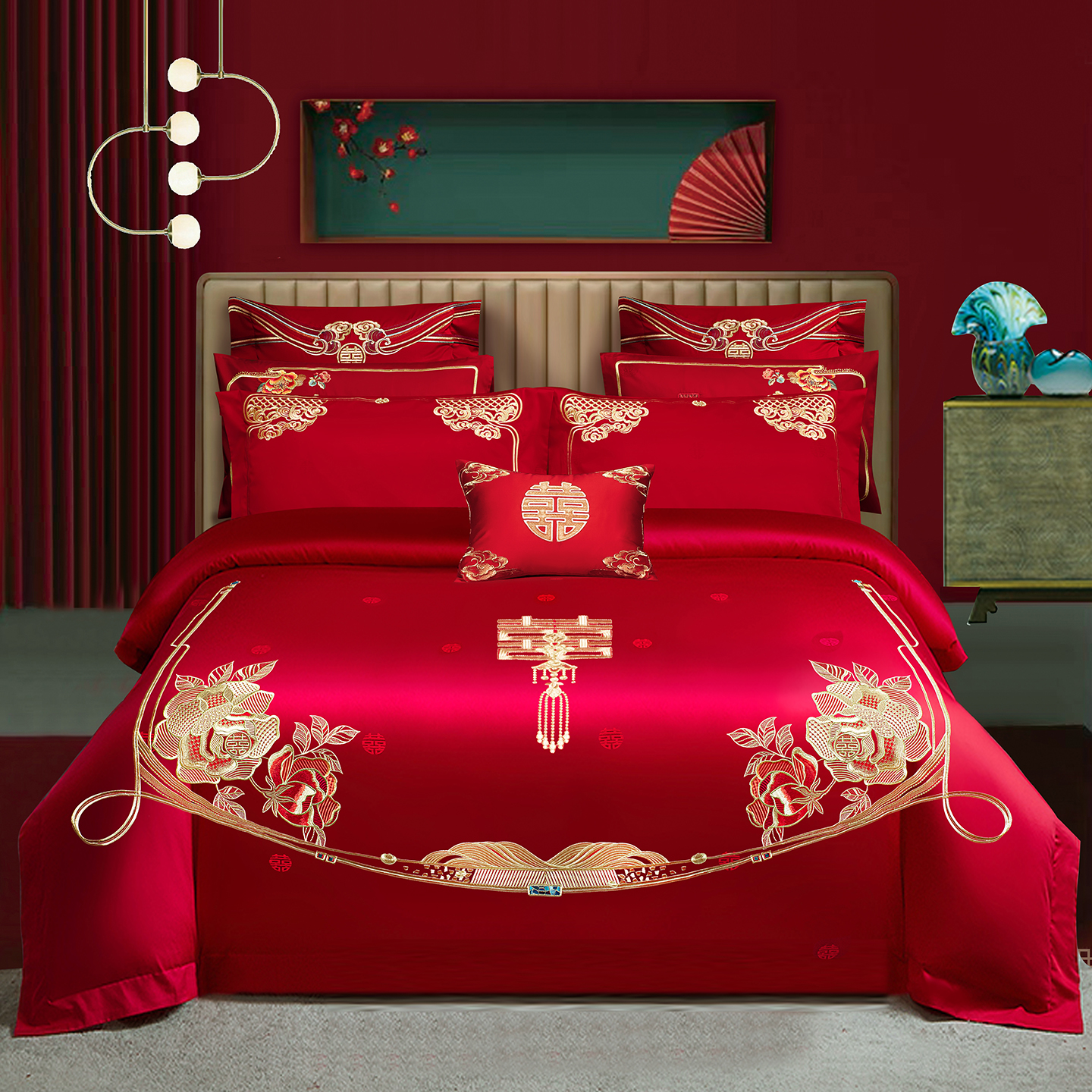2025新款100s贡缎长绒棉提花婚庆系列四件套多件套 缘定一生