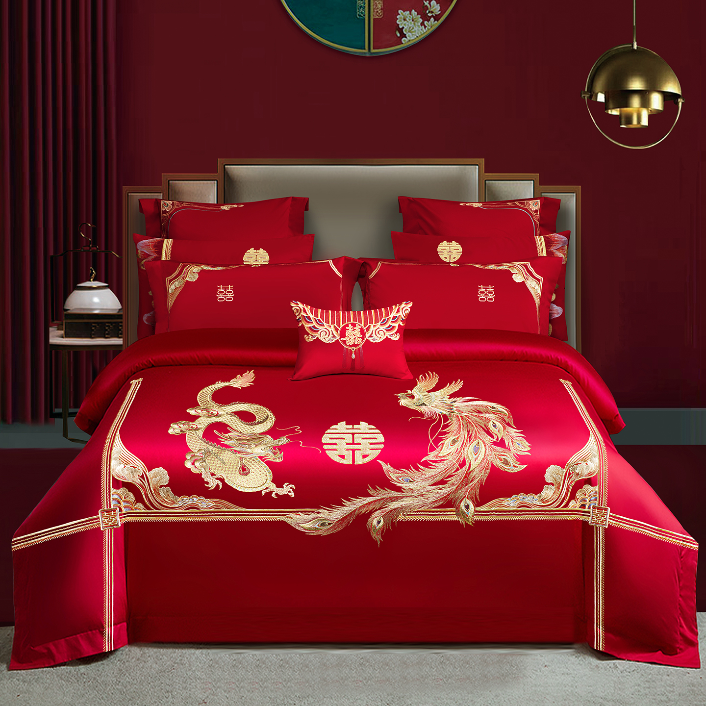 2025新款100s贡缎长绒棉提花婚庆系列四件套多件套 龙凤爱恋