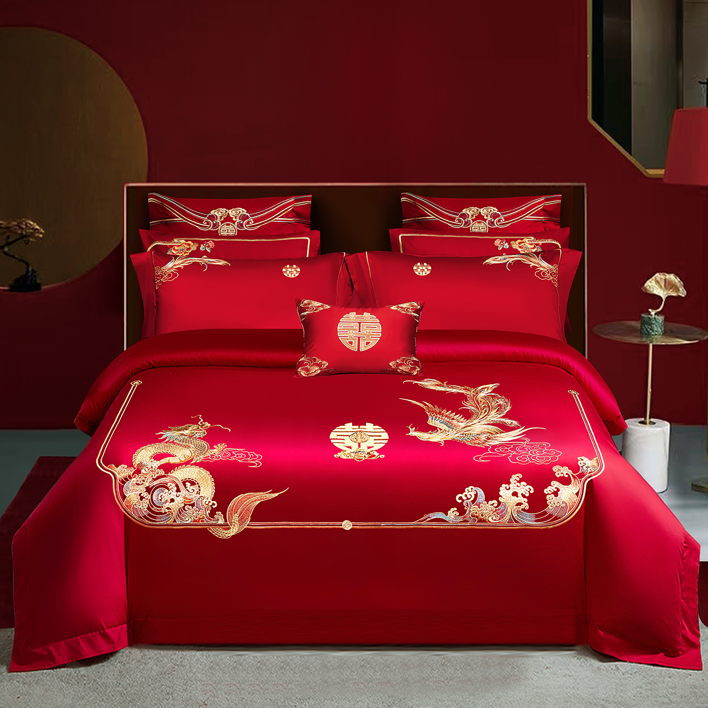 2026新款长绒棉贡缎全工艺刺绣婚庆四件套多件套 天赐龙凤