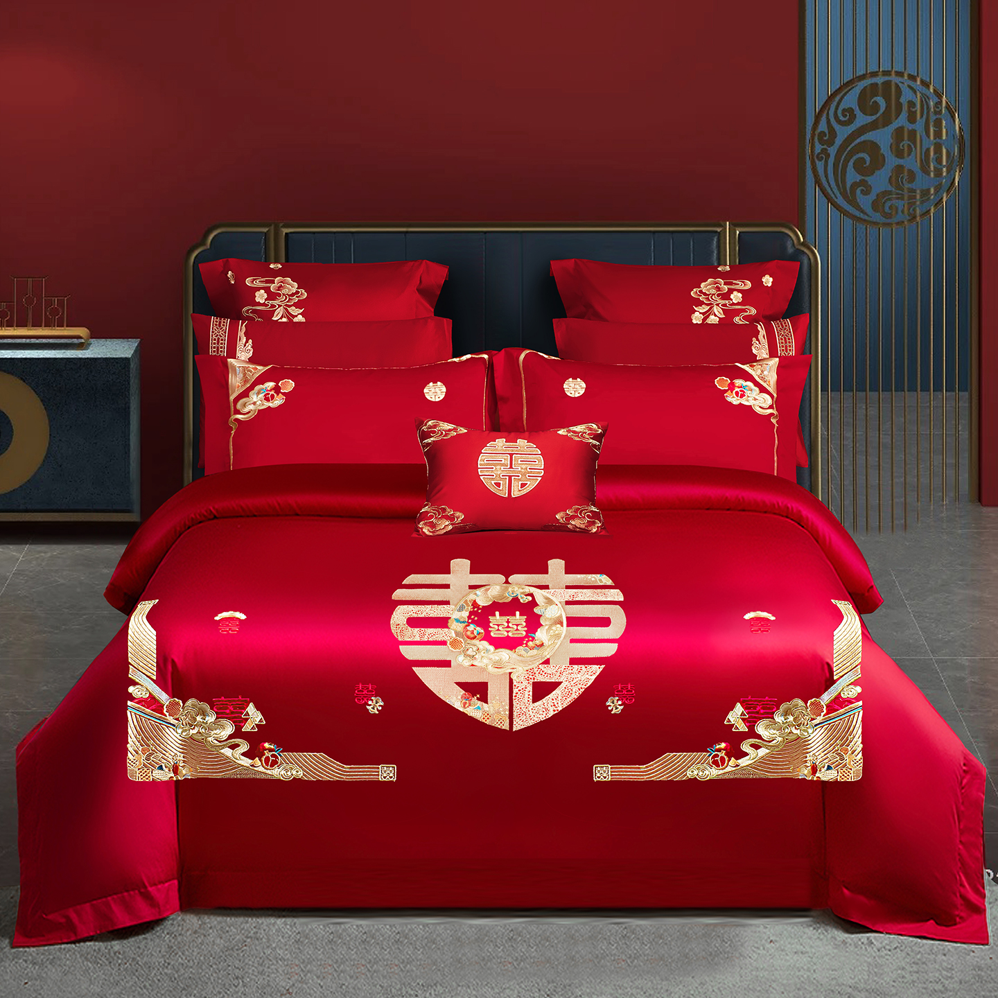 2025新款100s贡缎长绒棉提花婚庆系列四件套多件套 东方喜事