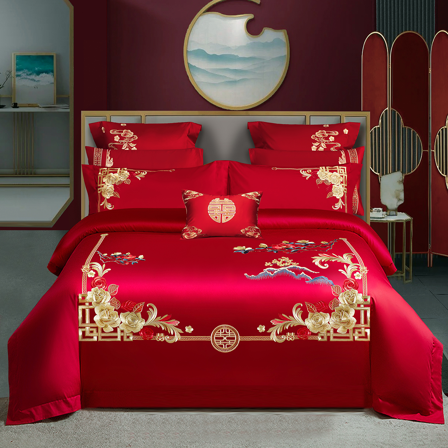 2025新款100s贡缎长绒棉提花婚庆系列四件套多件套 花开迎喜