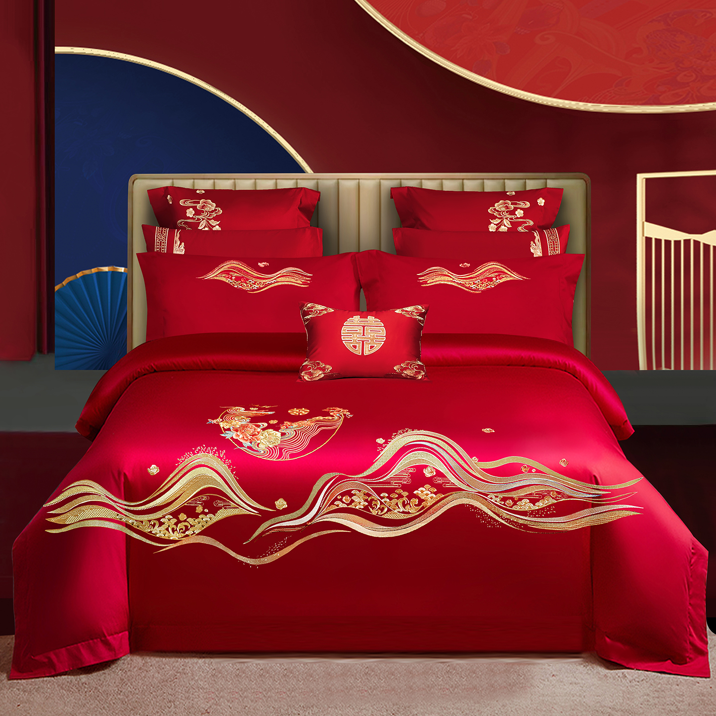 2025新款100s贡缎长绒棉提花婚庆系列四件套多件套 花烛红妆