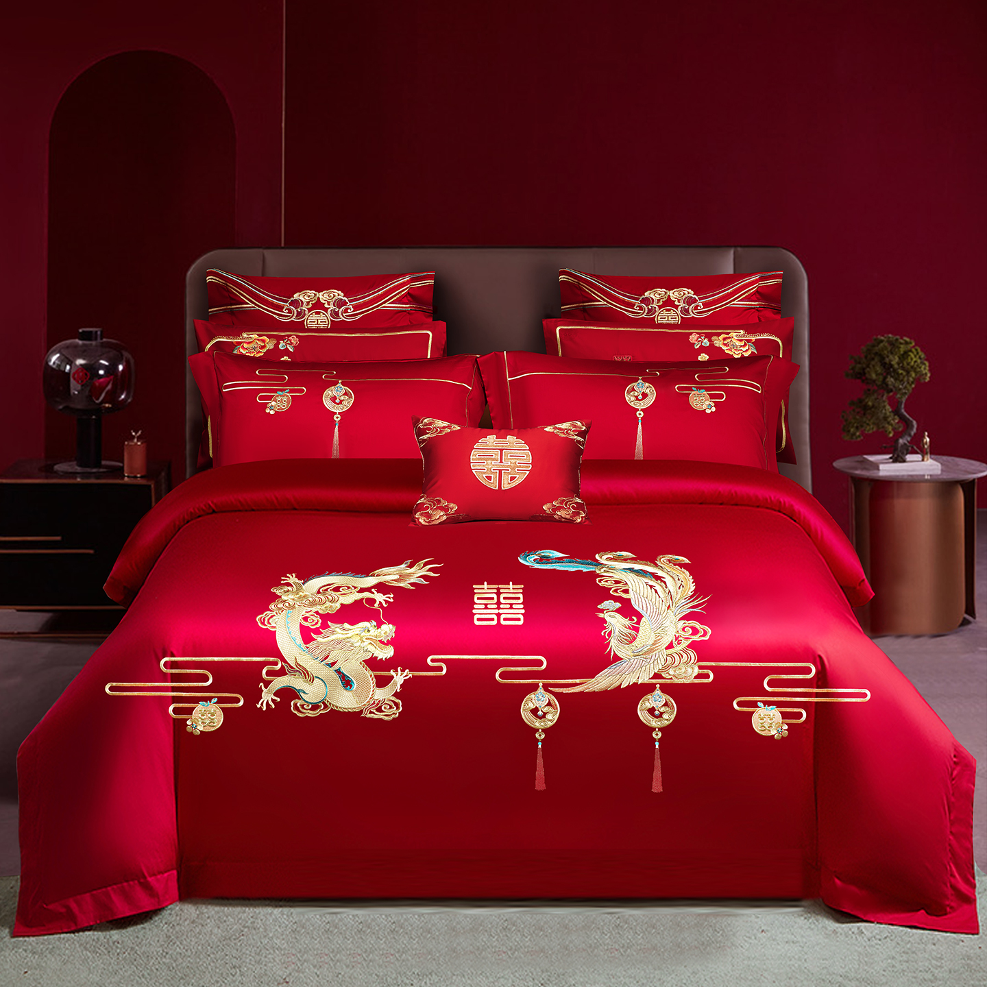2026新款长绒棉贡缎全工艺刺绣婚庆四件套多件套 龙凤喜事