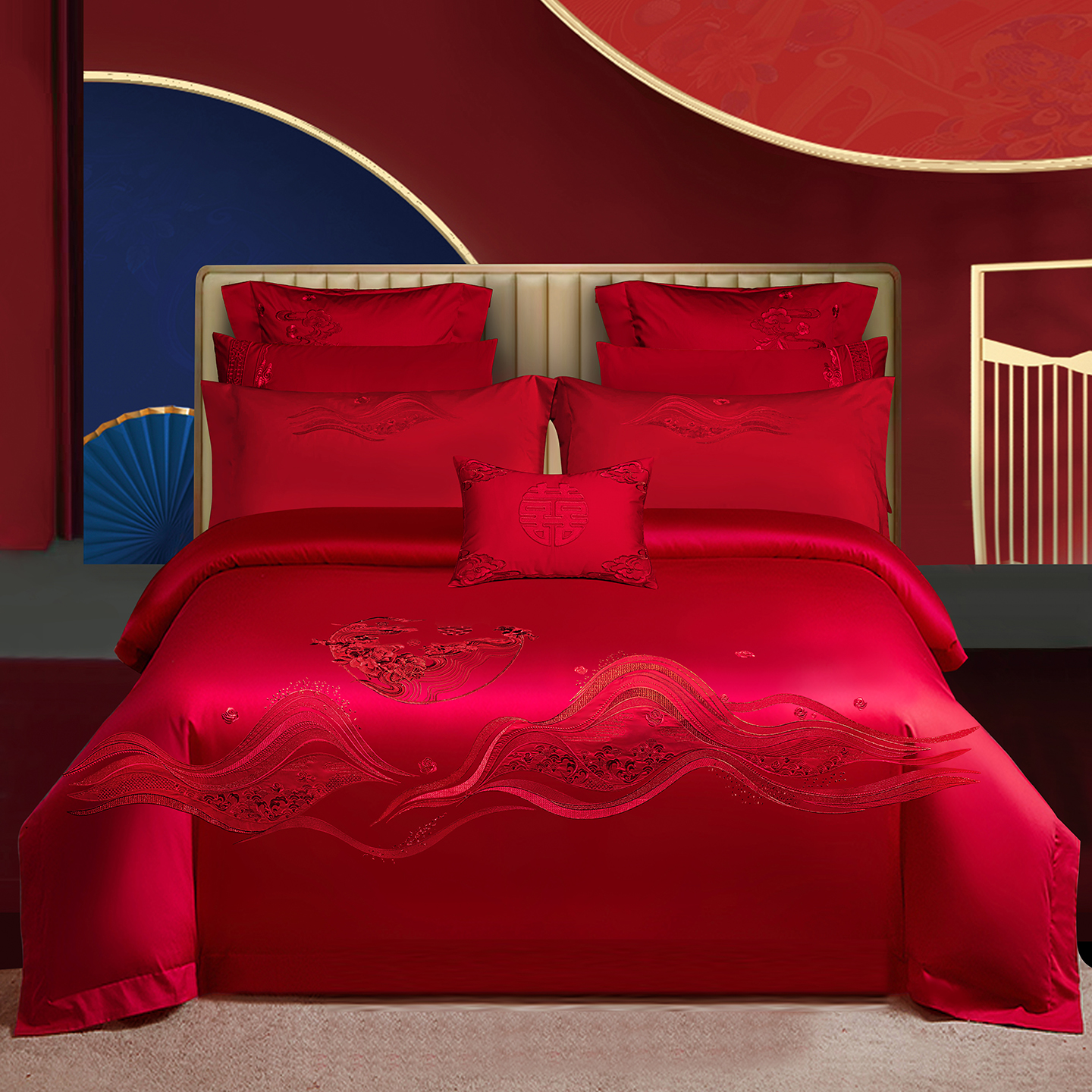 2025新款100s贡缎长绒棉提花婚庆系列四件套多件套 花烛红妆红