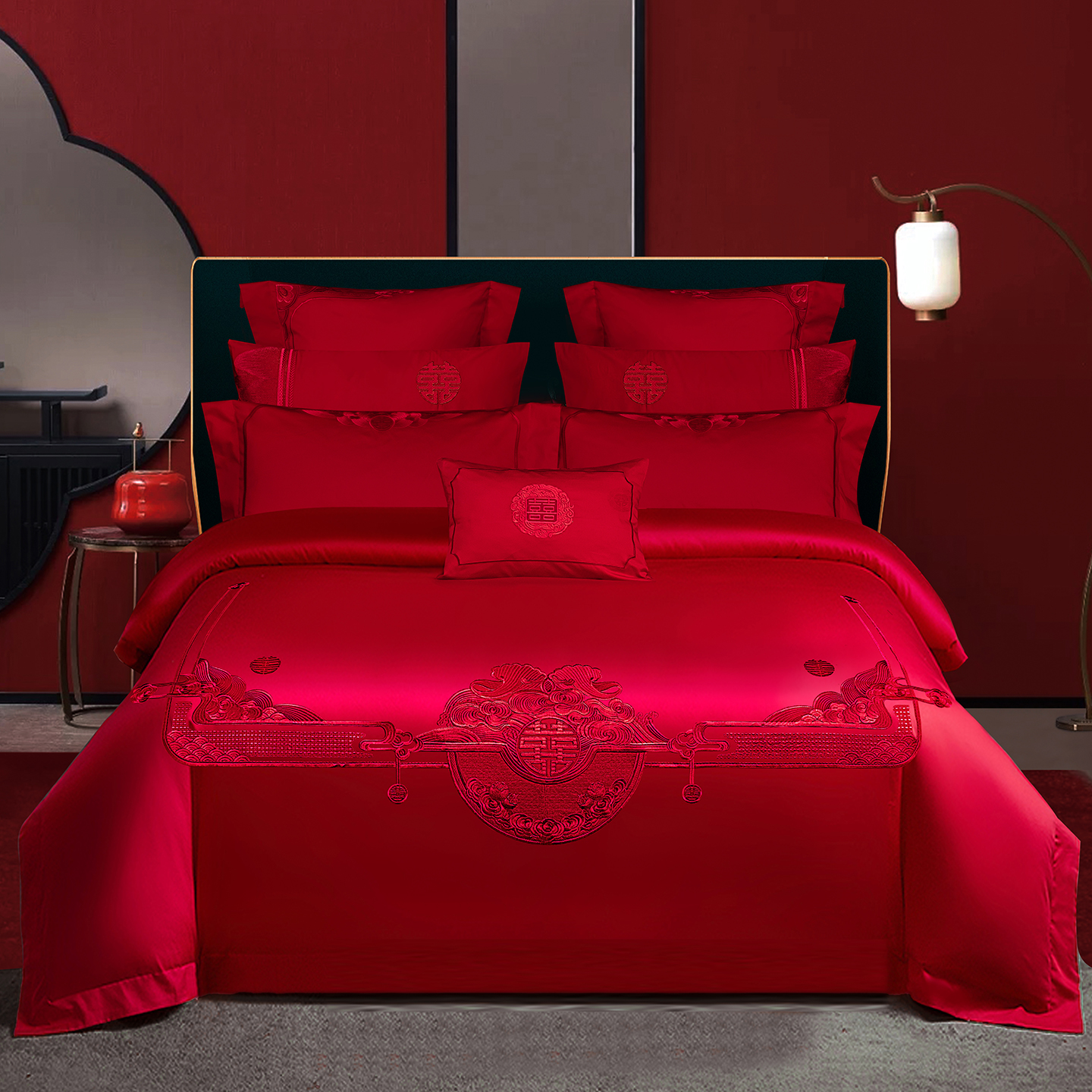 2025新款100s贡缎长绒棉提花婚庆系列四件套多件套 锦绣年华红