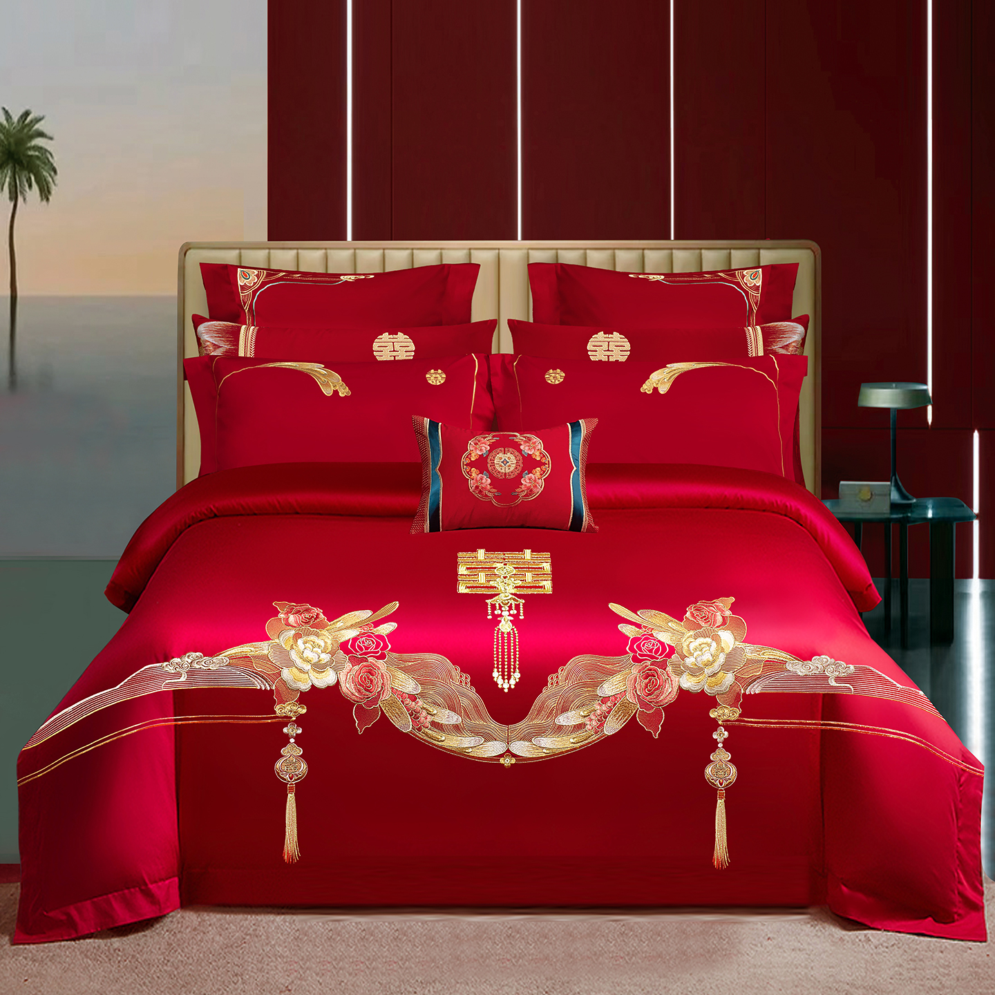 2025新款100s贡缎长绒棉提花婚庆系列四件套多件套 朵朵爱恋