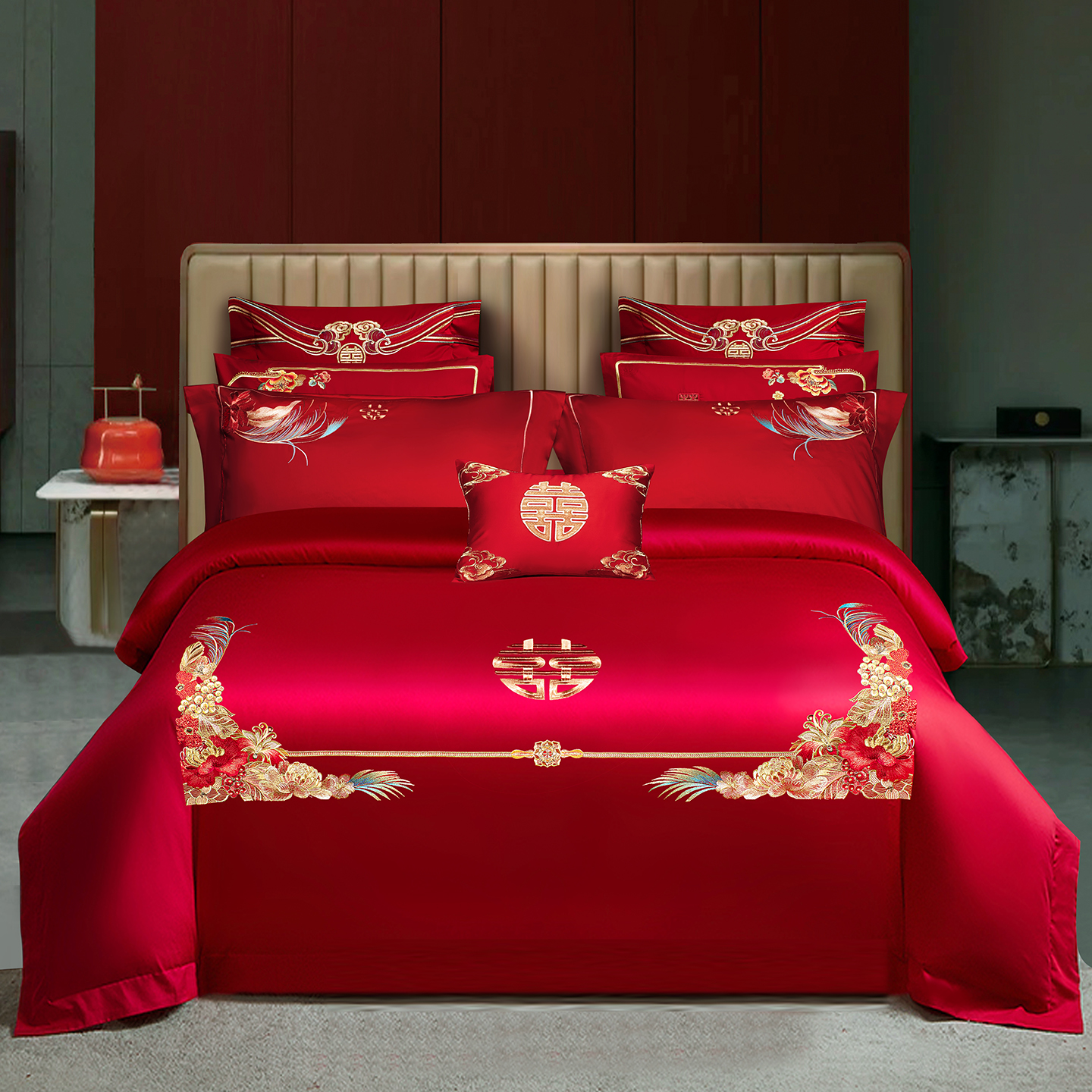 2026新款长绒棉贡缎全工艺刺绣婚庆四件套多件套 幸福嫁到