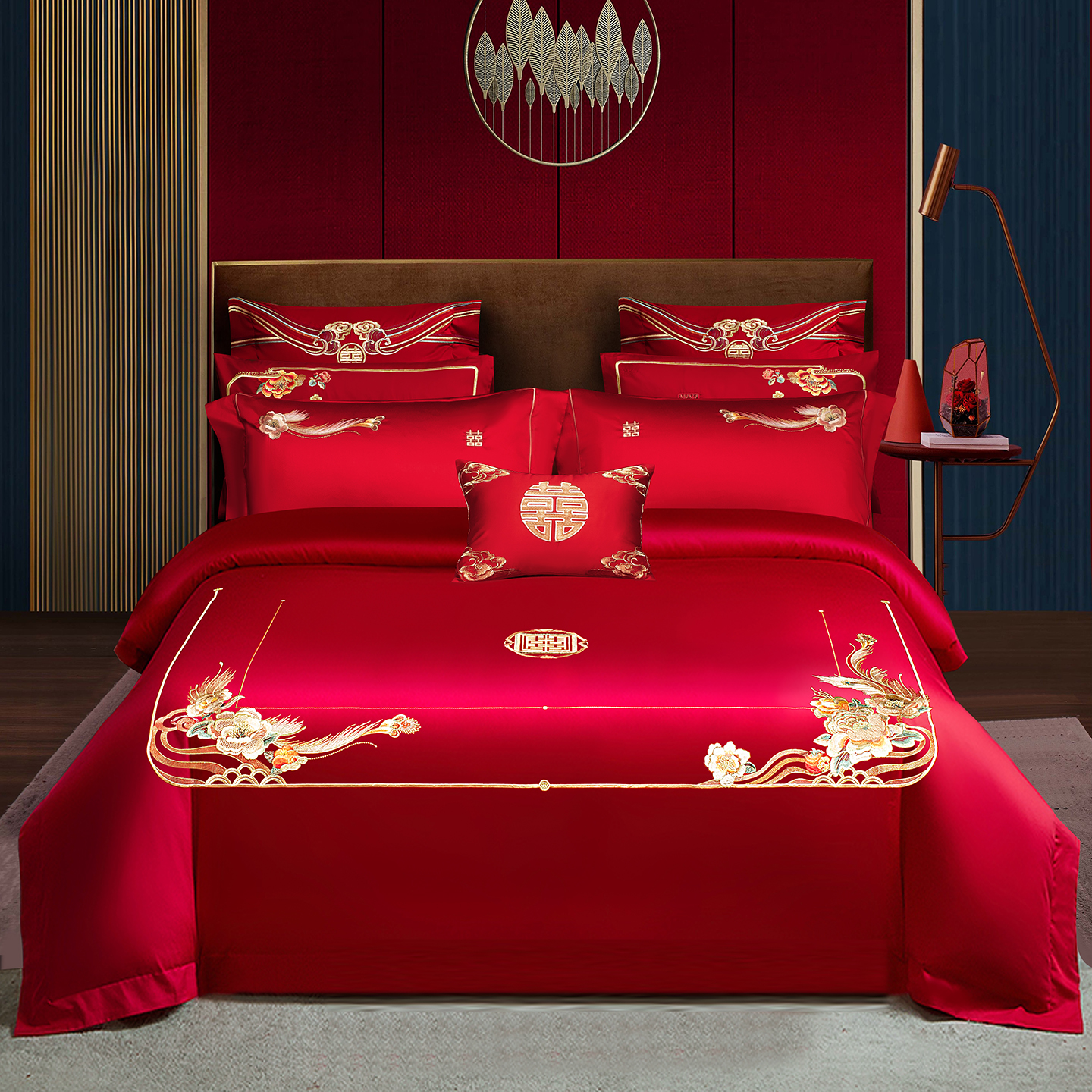 2026新款长绒棉贡缎全工艺刺绣婚庆四件套多件套 盛世华妆