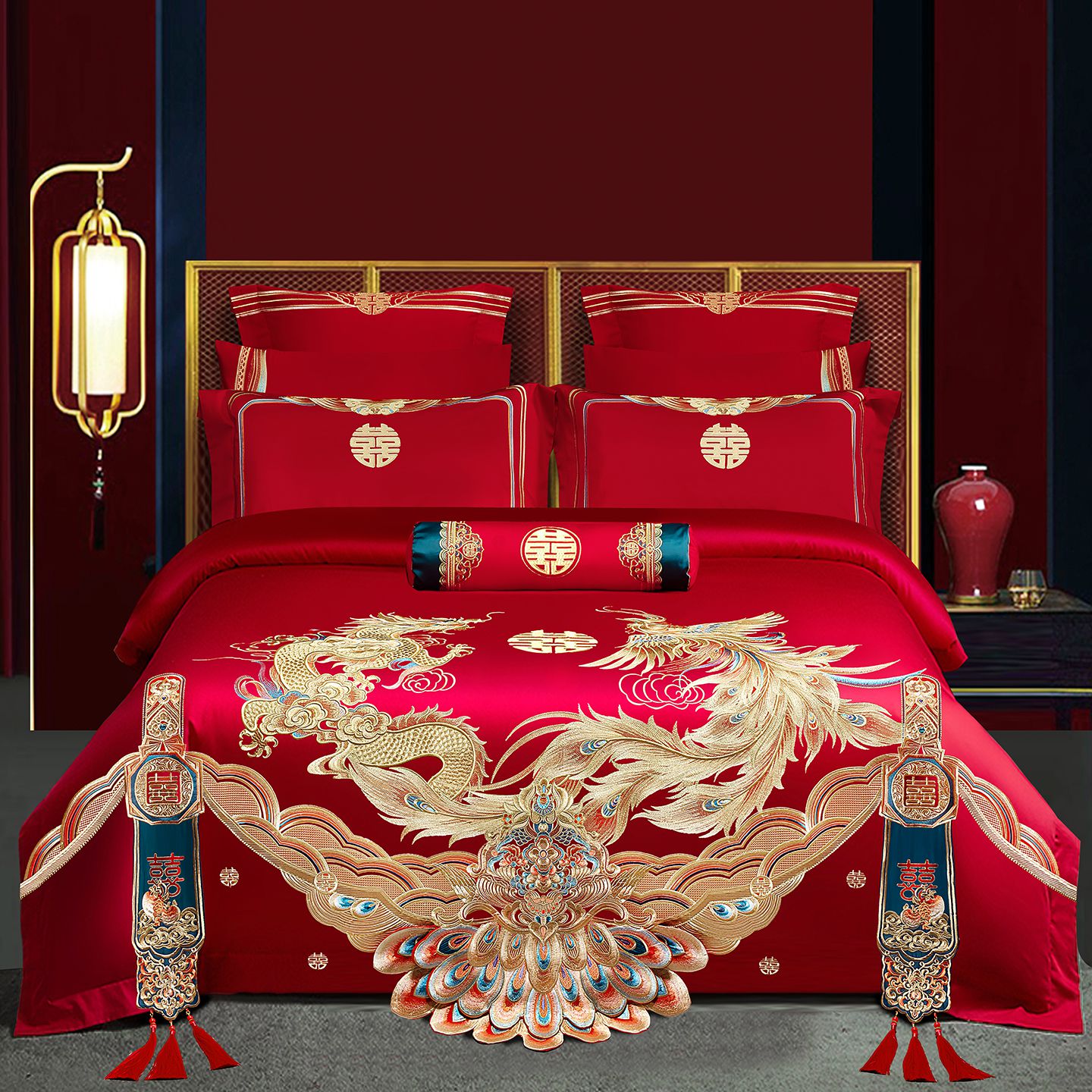 2025新款100s长绒棉贡缎提花重工艺刺绣婚庆四件套多件套 天长地久