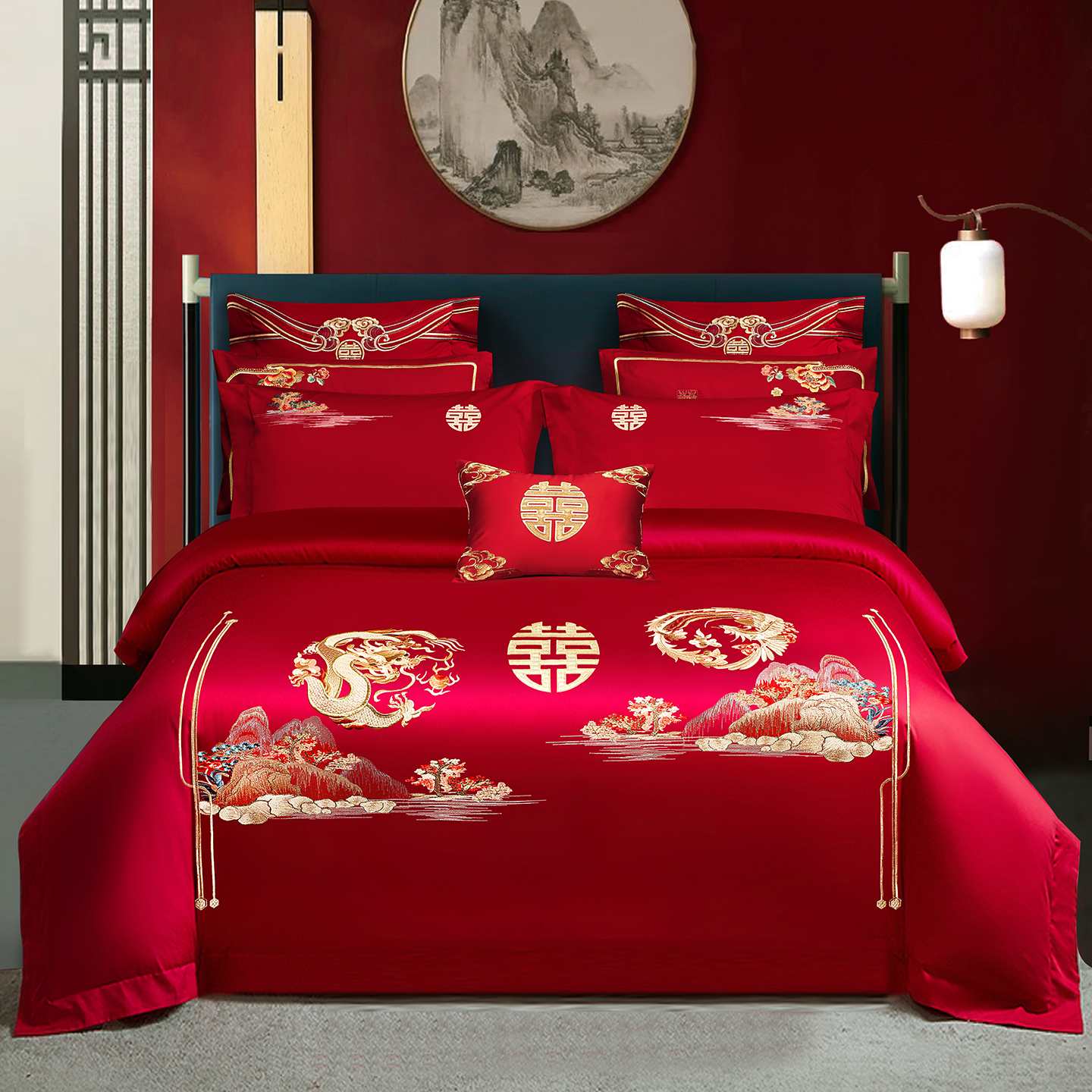 2025新款100s贡缎长绒棉提花婚庆系列四件套多件套 千禧龙凤