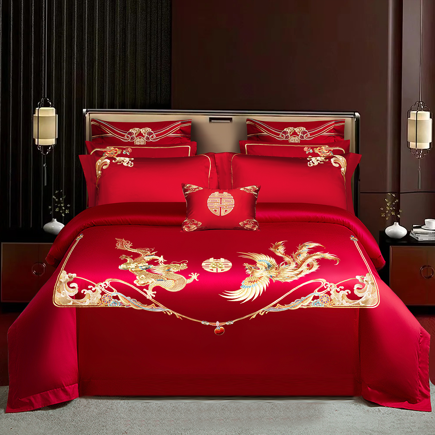 2026新款长绒棉贡缎全工艺刺绣婚庆四件套多件套 缘定今生