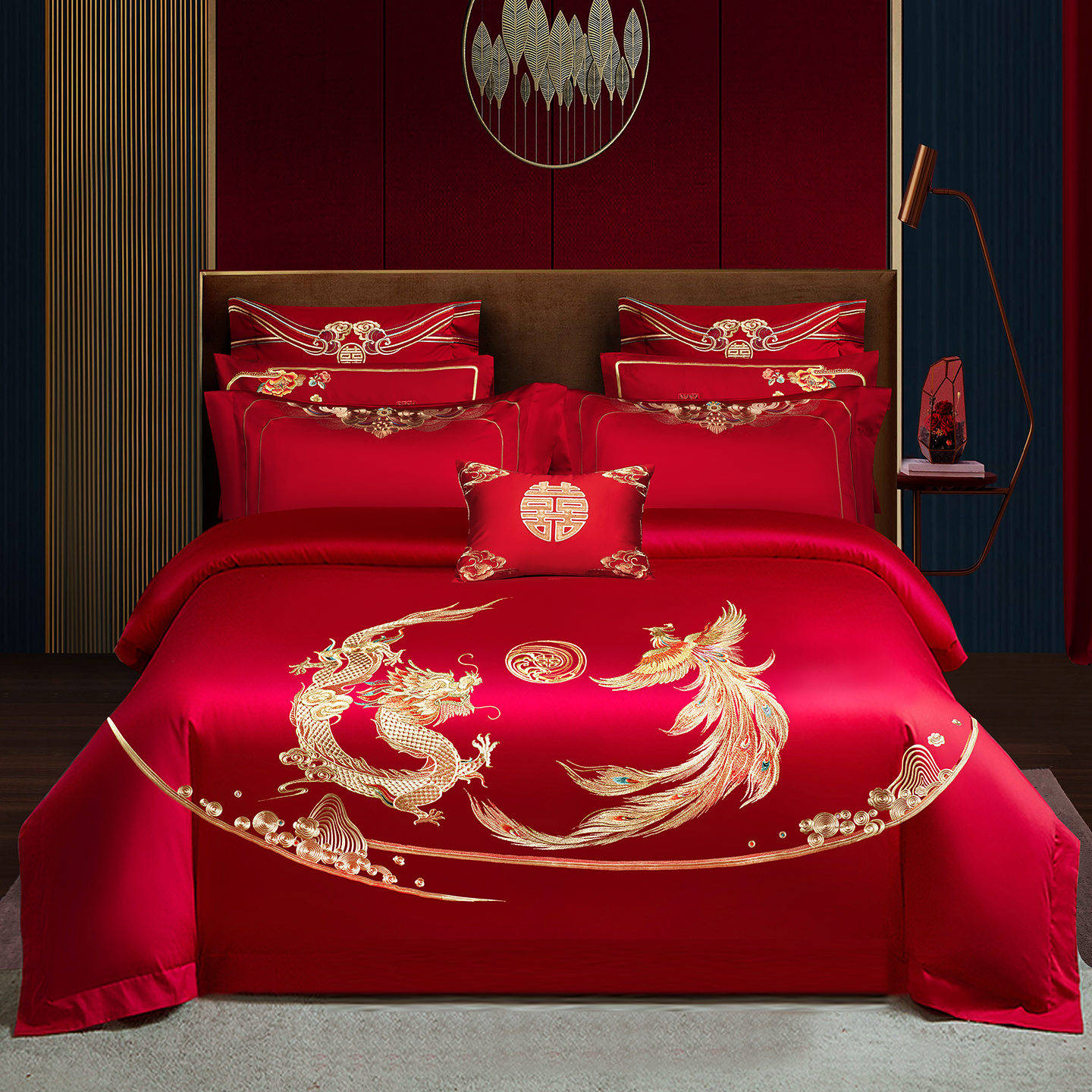 2026新款长绒棉贡缎全工艺刺绣婚庆四件套多件套 龙跃凤鸣