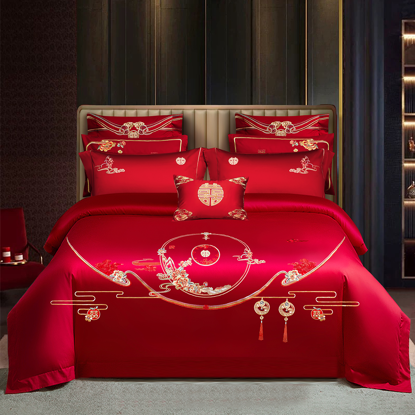 2026新款长绒棉贡缎全工艺刺绣婚庆四件套多件套 团团圆圆