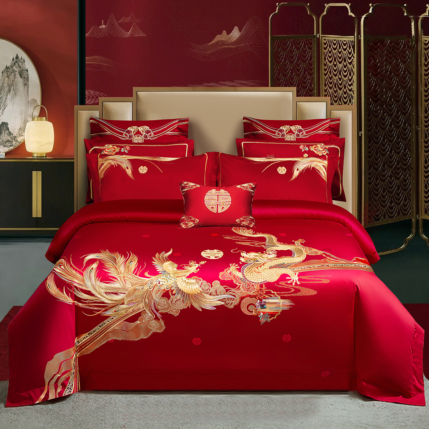 2025新款100s长绒棉贡缎提花重工艺刺绣婚庆四件套多件套