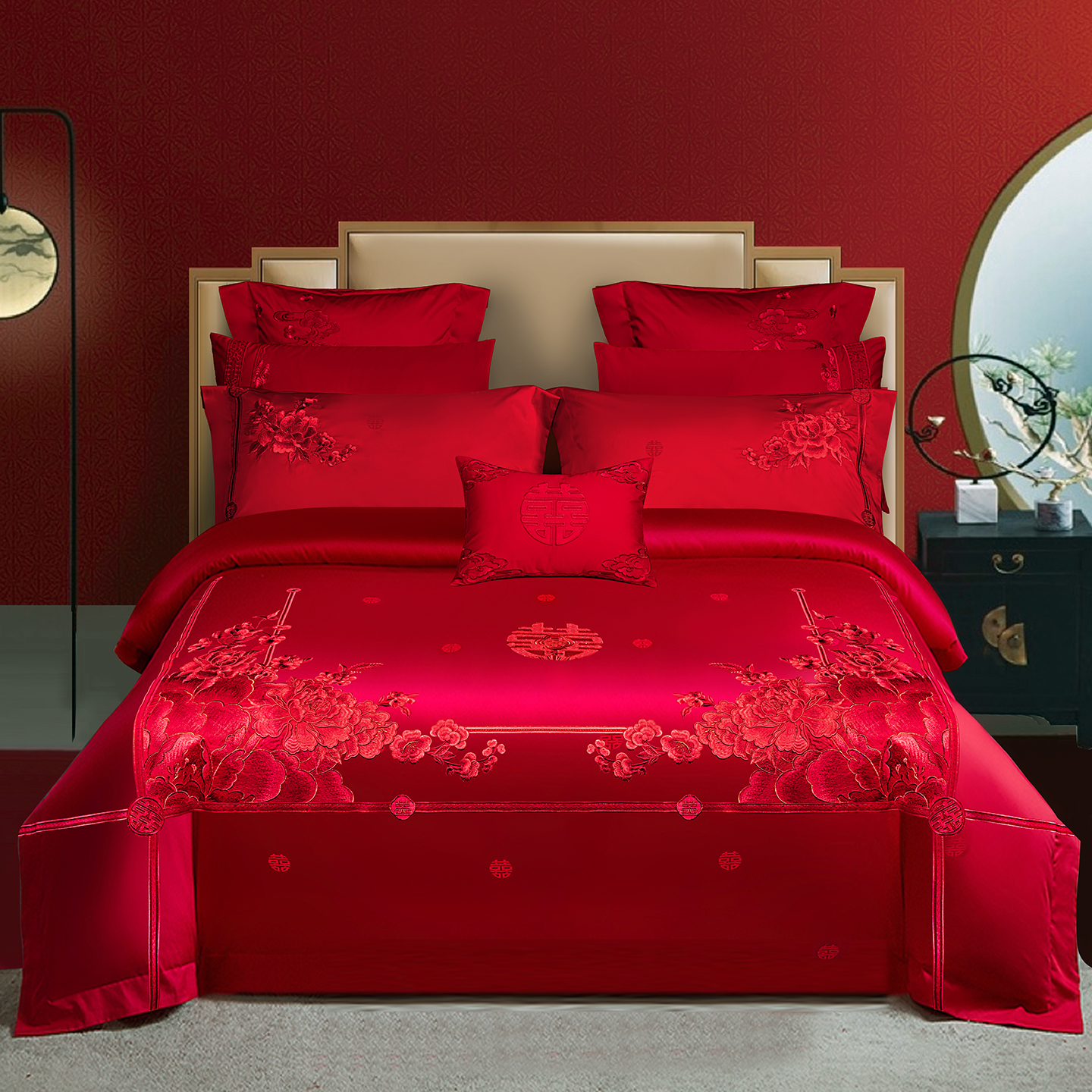 2025新款100s长绒棉贡缎提花重工艺刺绣婚庆四件套多件套 百花贺喜红