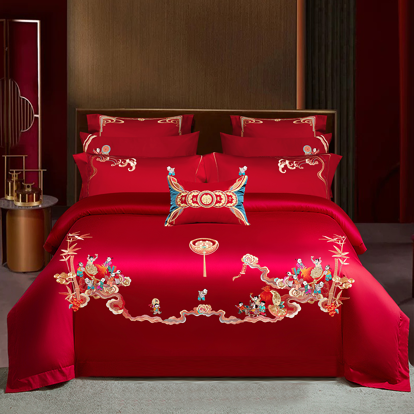 2026新款长绒棉贡缎全工艺刺绣婚庆四件套多件套 百子祥瑞