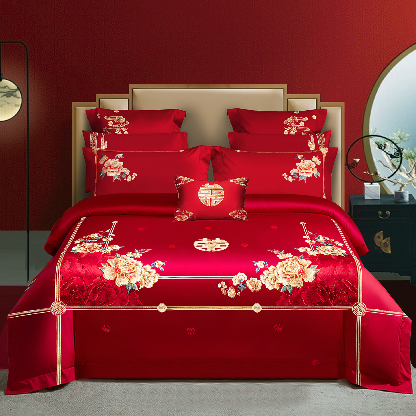 2025新款100s长绒棉贡缎提花重工艺刺绣婚庆四件套多件套