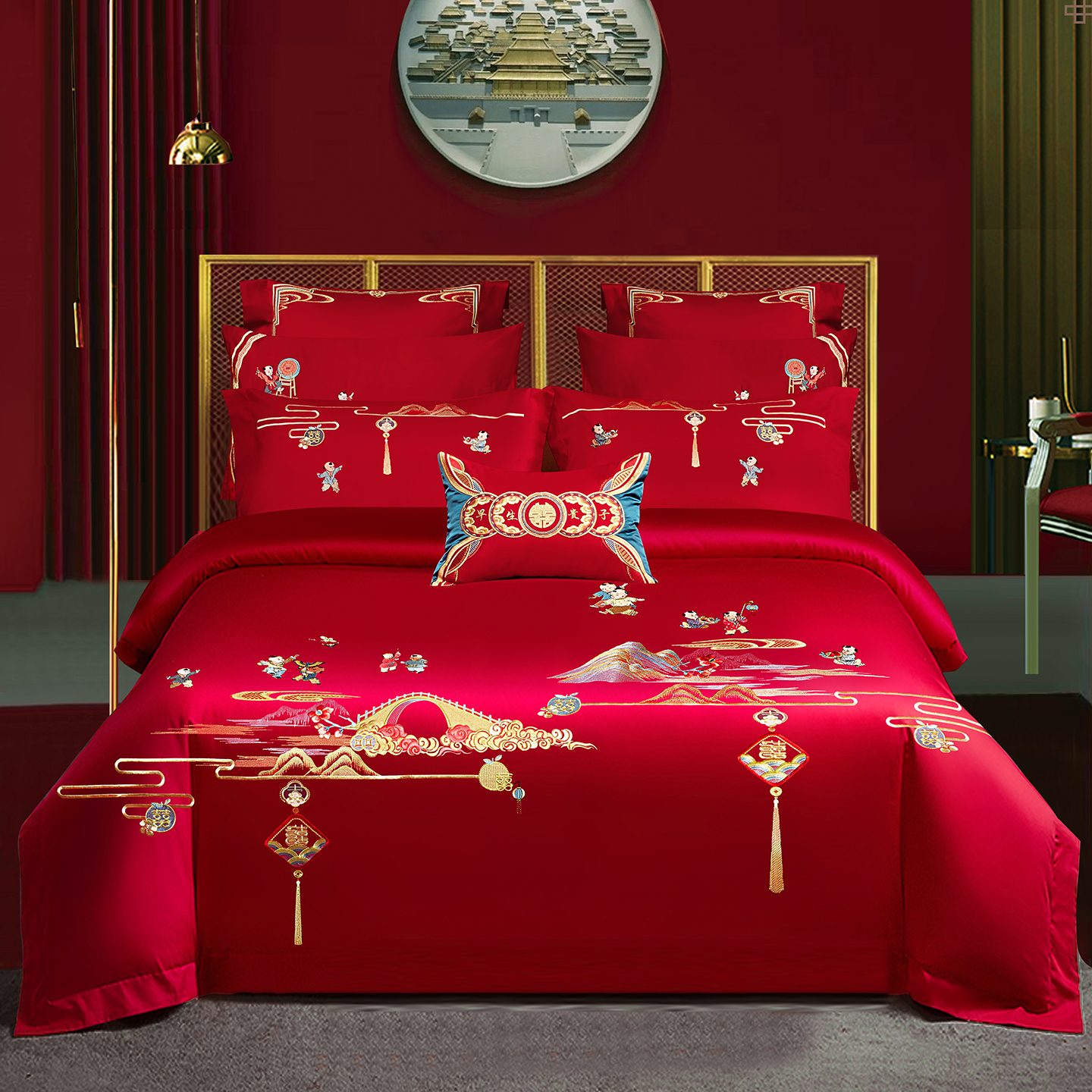 2025新款100s贡缎长绒棉提花婚庆系列四件套多件套 百子添福