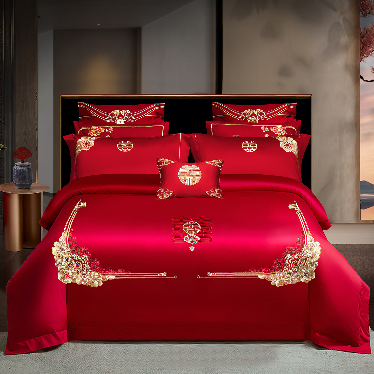 2026新款长绒棉贡缎全工艺刺绣婚庆四件套多件套 喜运绵绵