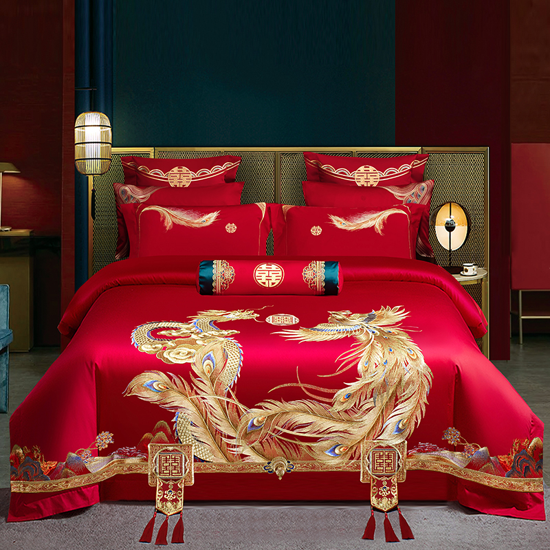 2025新款100s长绒棉贡缎提花重工艺刺绣婚庆四件套多件套 海誓山盟