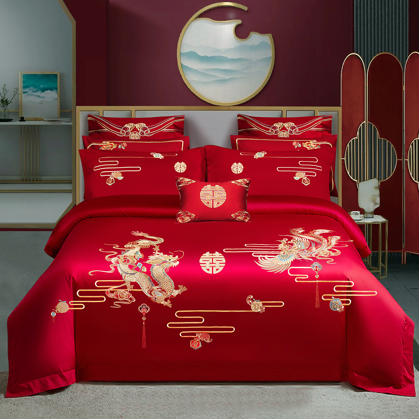 2025新款100s贡缎长绒棉提花婚庆系列四件套多件套 乘龙配凤