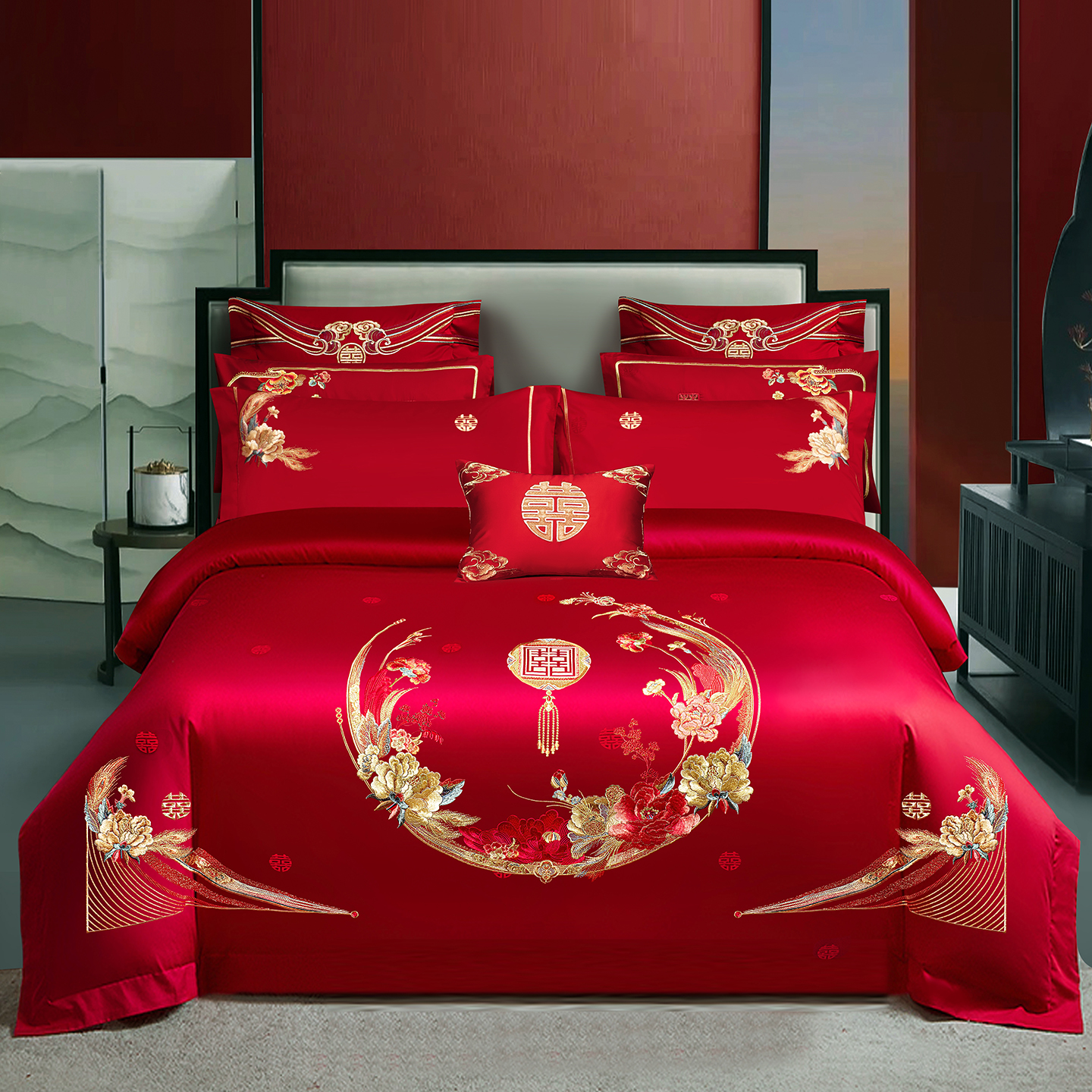 2025新款100s贡缎长绒棉提花婚庆系列四件套多件套 美梦情缘