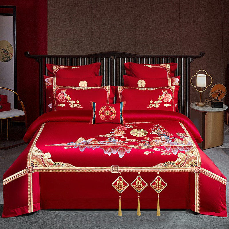 2025新款100S提花全工艺长绒棉刺绣婚庆四件套多件套