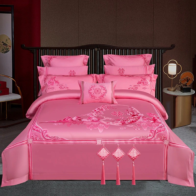 2025新款100S提花全工艺长绒棉刺绣婚庆四件套多件套