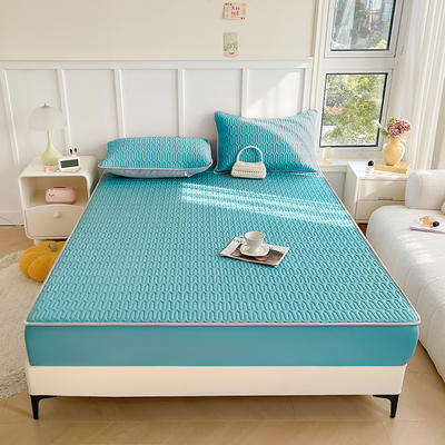 2024新款凉感丝乳胶凉席床笠床罩床垫保护套-纯色款 120cmx200cm 海天蓝