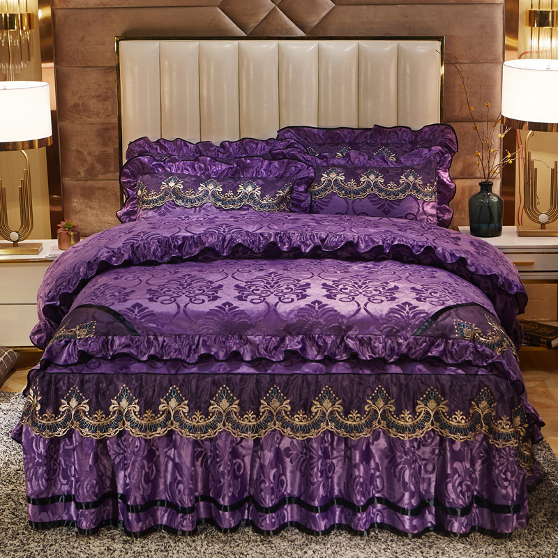 2019新款天鹅绒盛世经典床裙款四件套 1.8m床裙款四件套 深紫