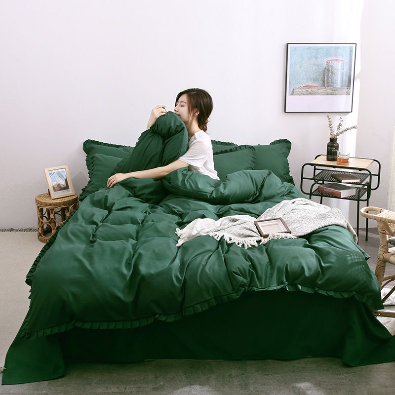 2021款韩版公主风花边素色牛油果绿床单床笠四件套学生被罩宿舍床单人三件套（模特图） 1.5m床笠款四件套（被套200*230cm） 松柏绿
