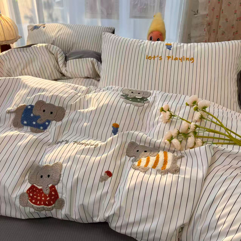 2026新款格子毛巾绣四件套 条纹象宝【毛巾绣】