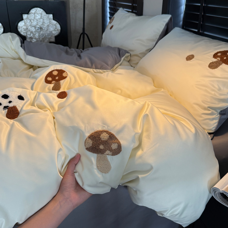 2026新款冰丝刺绣款四件套 水洗真丝刺绣款-趣味蘑菇
