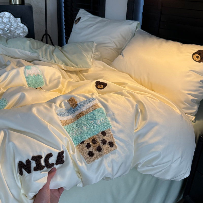 2026新款冰丝刺绣款四件套 水洗真丝刺绣款-夏日奶茶