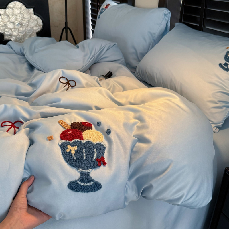 2026新款冰丝刺绣款四件套 水洗真丝刺绣款-圣代冰甜