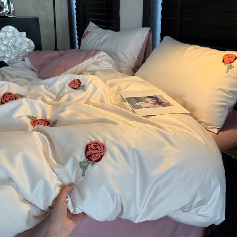 2026新款冰丝刺绣款四件套 水洗真丝刺绣款-夏日玫瑰