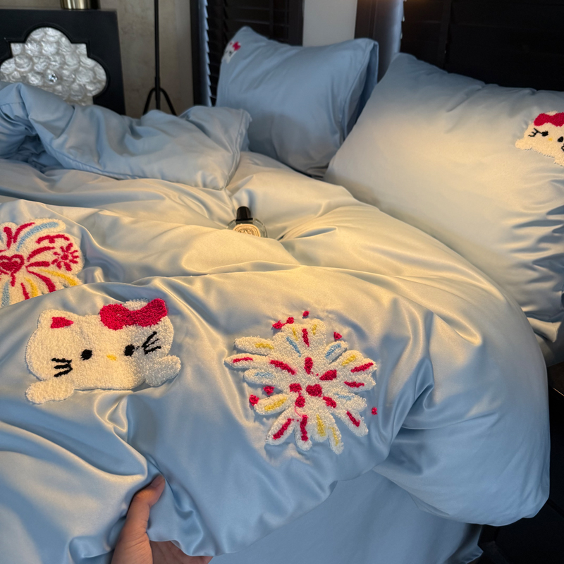 2026新款冰丝刺绣款四件套 水洗真丝刺绣款-烟花猫咪