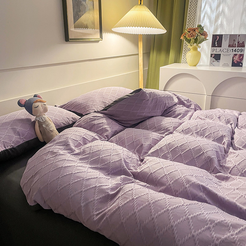 2023新款法夫纱菱形格系列四件套 1.2m床单款三件套（被套：150X200cm  ） 芋泥紫