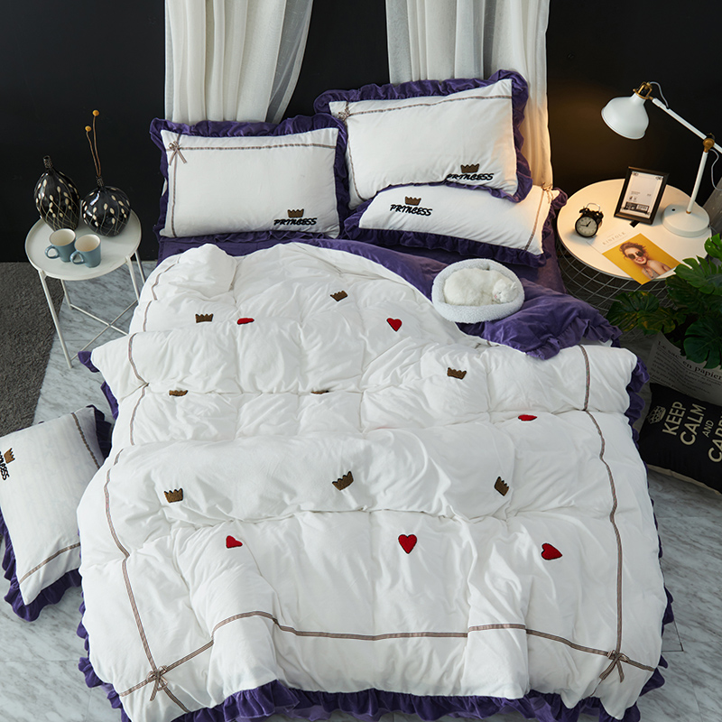 2019新款-韩版水晶绒毛巾绣四件套 床裙款1.8m（6英尺）床 公主-紫