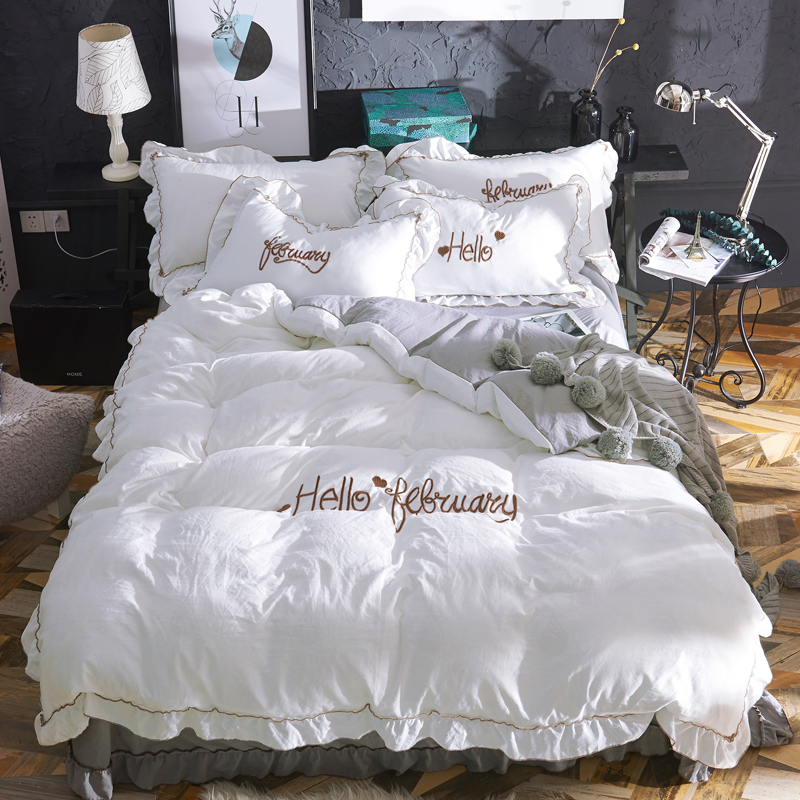2019新款-韩版水洗棉四件套 床单款1.5m（5英尺）床 白+灰